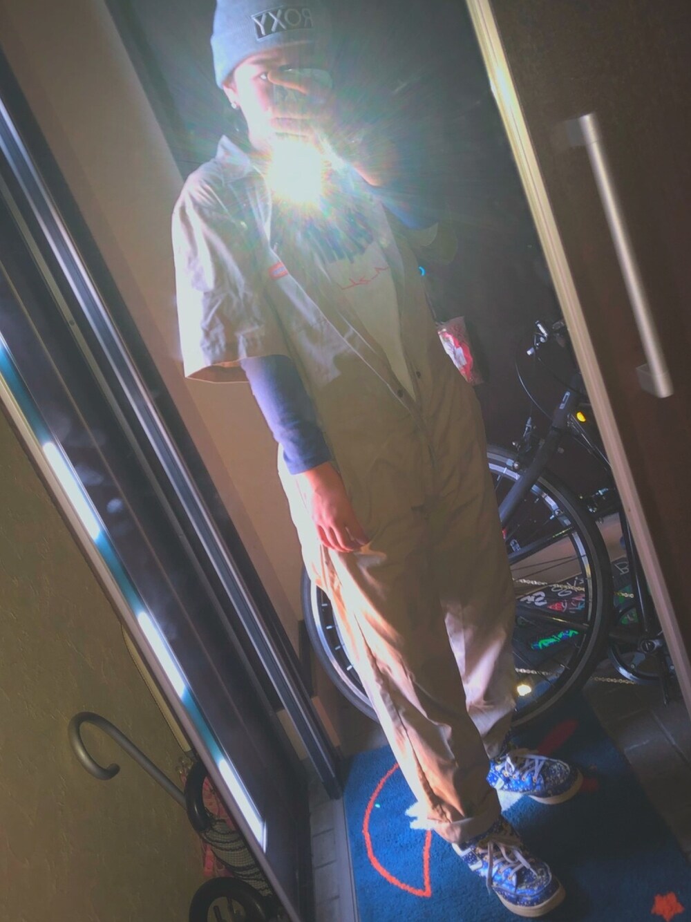 「パパの手伝い、本当はJK、工業系女子、つなぎ、だぼだぼ」｜「Dickiesのアイテム（その他、ベージュ系）」を使った、runaさん（レディース・158cm）の秋コーディネートの1枚目の写真