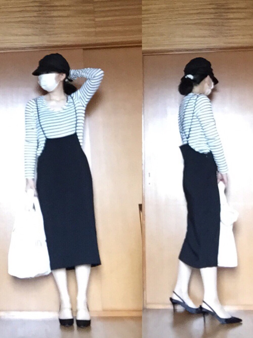 ホワイト系のTシャツ/カットソー、ブラック系のタンクトップ、ブラック系のスカートを着用したレディースの夏コーディネートの1枚目の写真