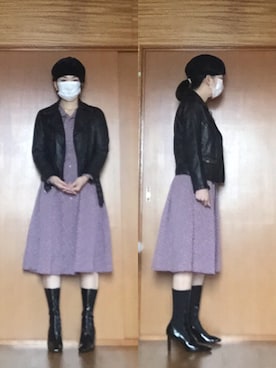 「くすみピンク」｜「アイテム（ライダースジャケット）」を使った、ニャン@whitemaskさん（レディース・160cm）の秋コーディネート