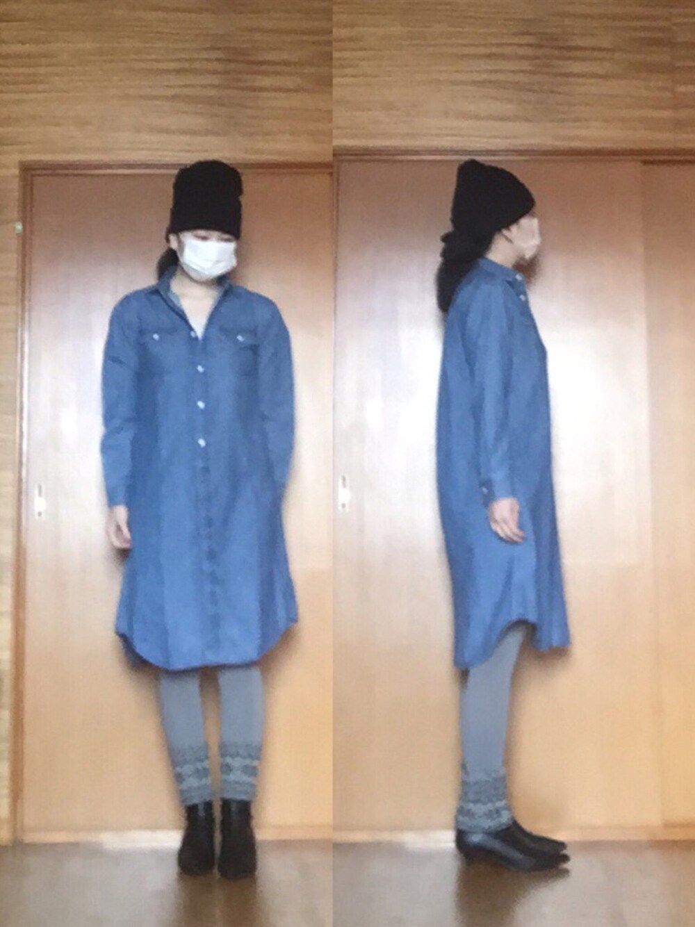 「デニムシャツワンピース、無印良品、トレンカ、靴下屋、ZARA、厚手ソックス、デニム×グレー、レースプルオーバー、who's who chico、WEGO」｜「無印良品のアイテム（シャツワンピース、ブルー系）」を使った、ニャン@whitemaskさん（レディース・160cm）の冬コーディネートの1枚目の写真