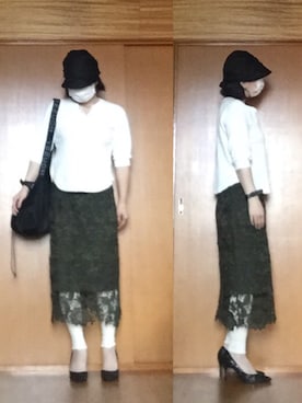 「カーキ×ホワイト」｜「アイテム（帽子）」を使った、ニャン@whitemaskさん（レディース・160cm）の夏コーディネート
