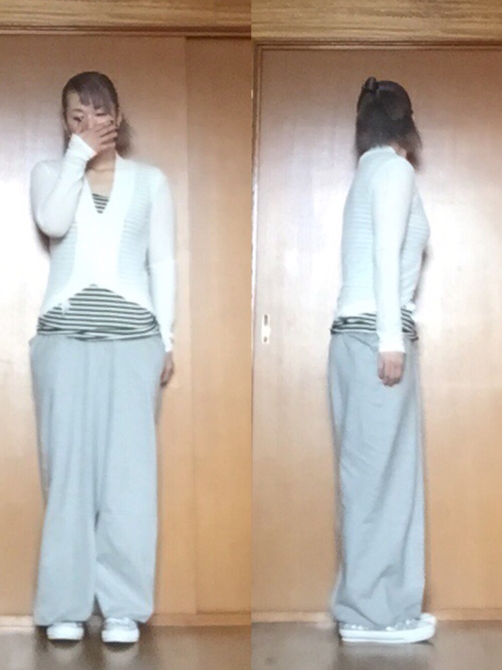 「ウラケ、スウエットスカート、マキシスカート、antiqua、ZARA、converse、シルバーシューズ、ボーダータンクトップ」｜「ZARAのアイテム（Tシャツ/カットソー、ホワイト系）」を使った、ニャン@whitemaskさん（レディース・160cm）の秋コーディネートの1枚目の写真