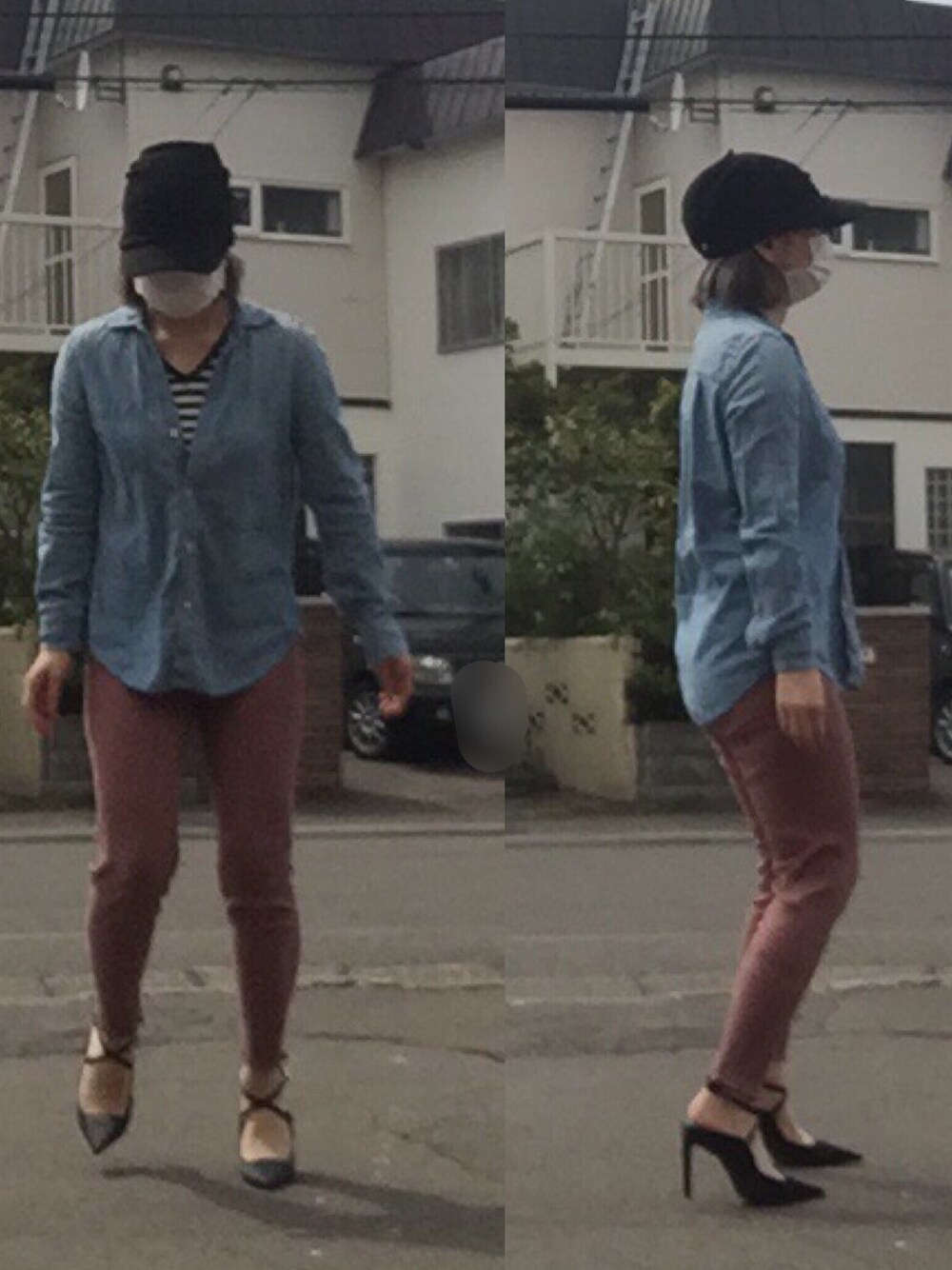 「レギンスパンツ、くすみピンク、デニムシャツ、ZARA、ZARA KIDS、GAP、AZUL by moussy、外撮り」｜「AZUL by moussyの30/-CVC天竺BCヨーク切替V/N半袖PO（Tシャツ/カットソー、ブラック系）」を使った、ニャン@whitemaskさん（レディース・160cm）の秋コーディネートの1枚目の写真