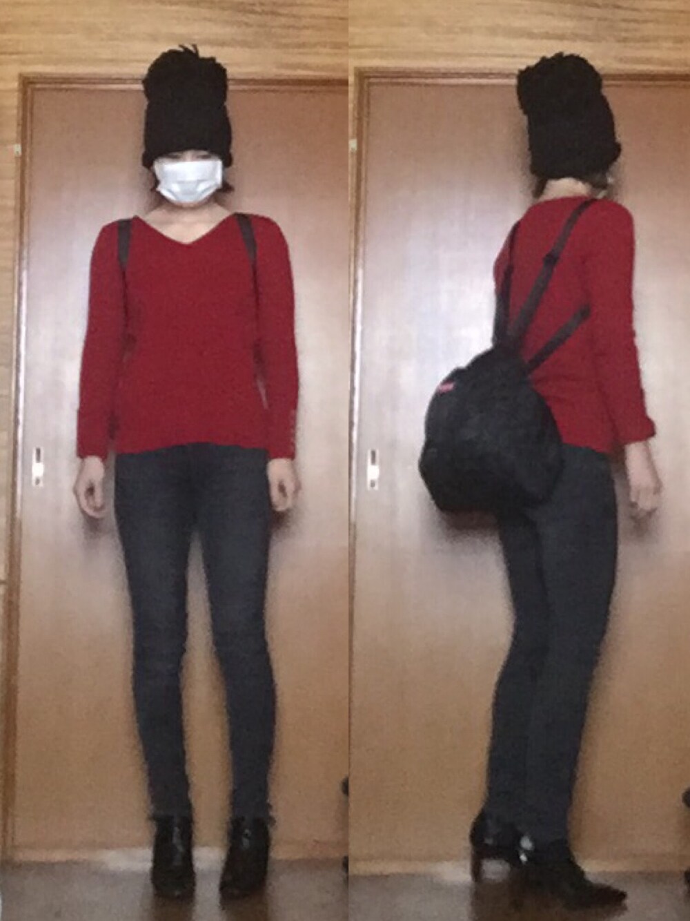 「赤ニット、antiqua、ブラックスキニー、ZARA、雑誌付録、polcadot、赤×黒、ボンボンニット帽」｜「antiquaのリブＶネックコットンニット（ニット/セーター、レッド系）」を使った、ニャン@whitemaskさん（レディース・160cm）の冬コーディネートの1枚目の写真
