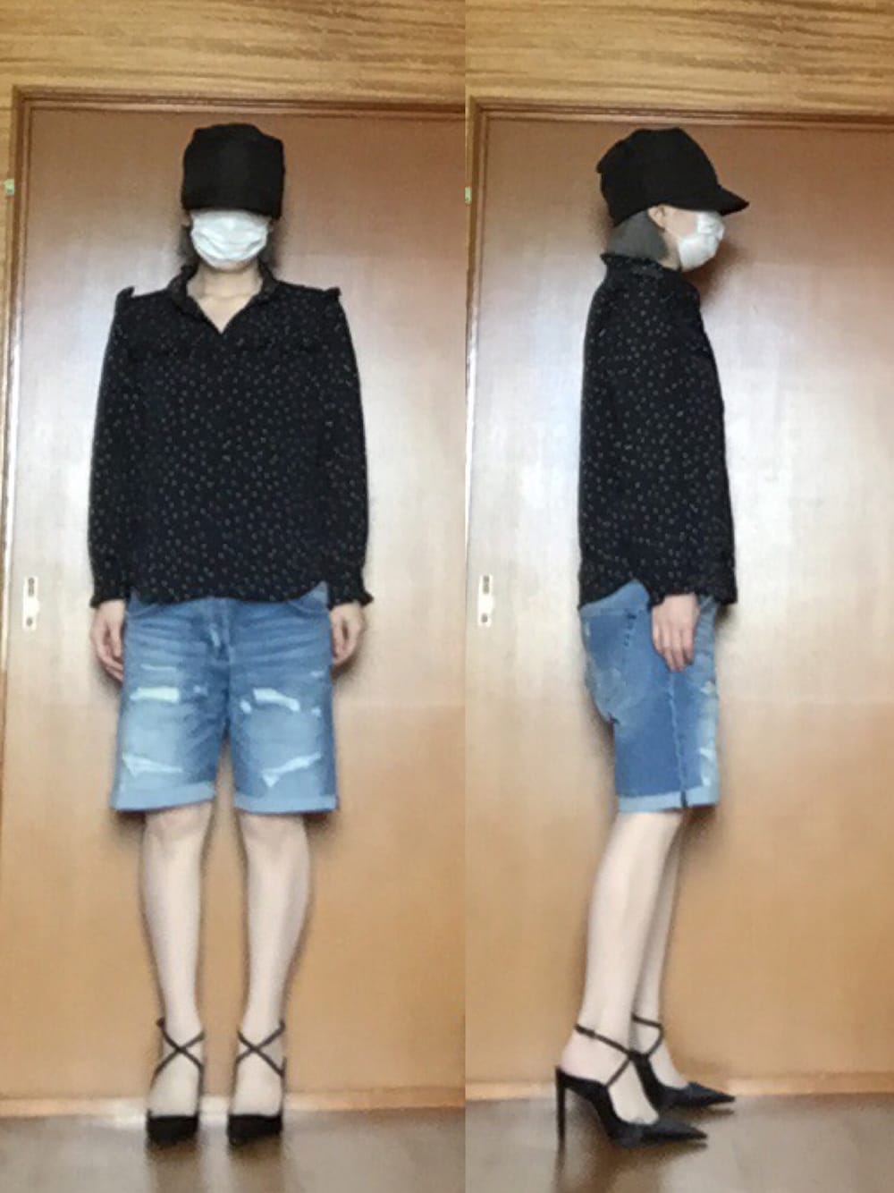 「メンズアイテム、ZARA MAN、ハーフデニム、ドットブラウス、LOWRYS FARM、studio clip、ヘアカラー」｜「studio CLIPのワイヤーキャップハット（ハット、ブラック系）」を使った、ニャン@whitemaskさん（レディース・160cm）の春コーディネートの1枚目の写真