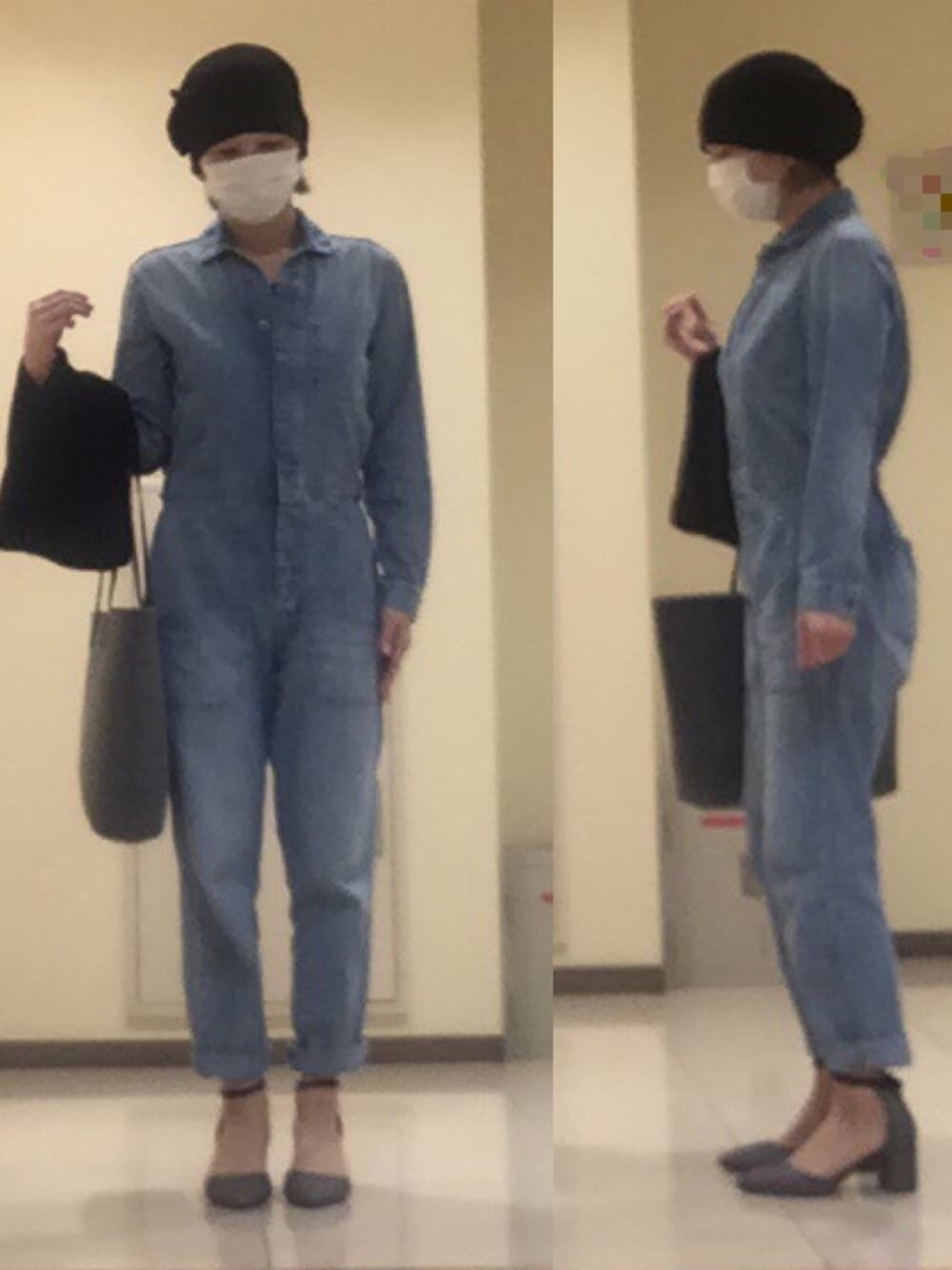 「GU、GAP、ZARA、E hyphen world gallary、H&M、デニムオールインワン、フエルトバッグ、マシュマロパンプス」｜「14+の生地留め風すっぽりニット帽（ニットキャップ/ビーニー、ブラック系）」を使った、ニャン@whitemaskさん（レディース・160cm）の秋コーディネートの1枚目の写真