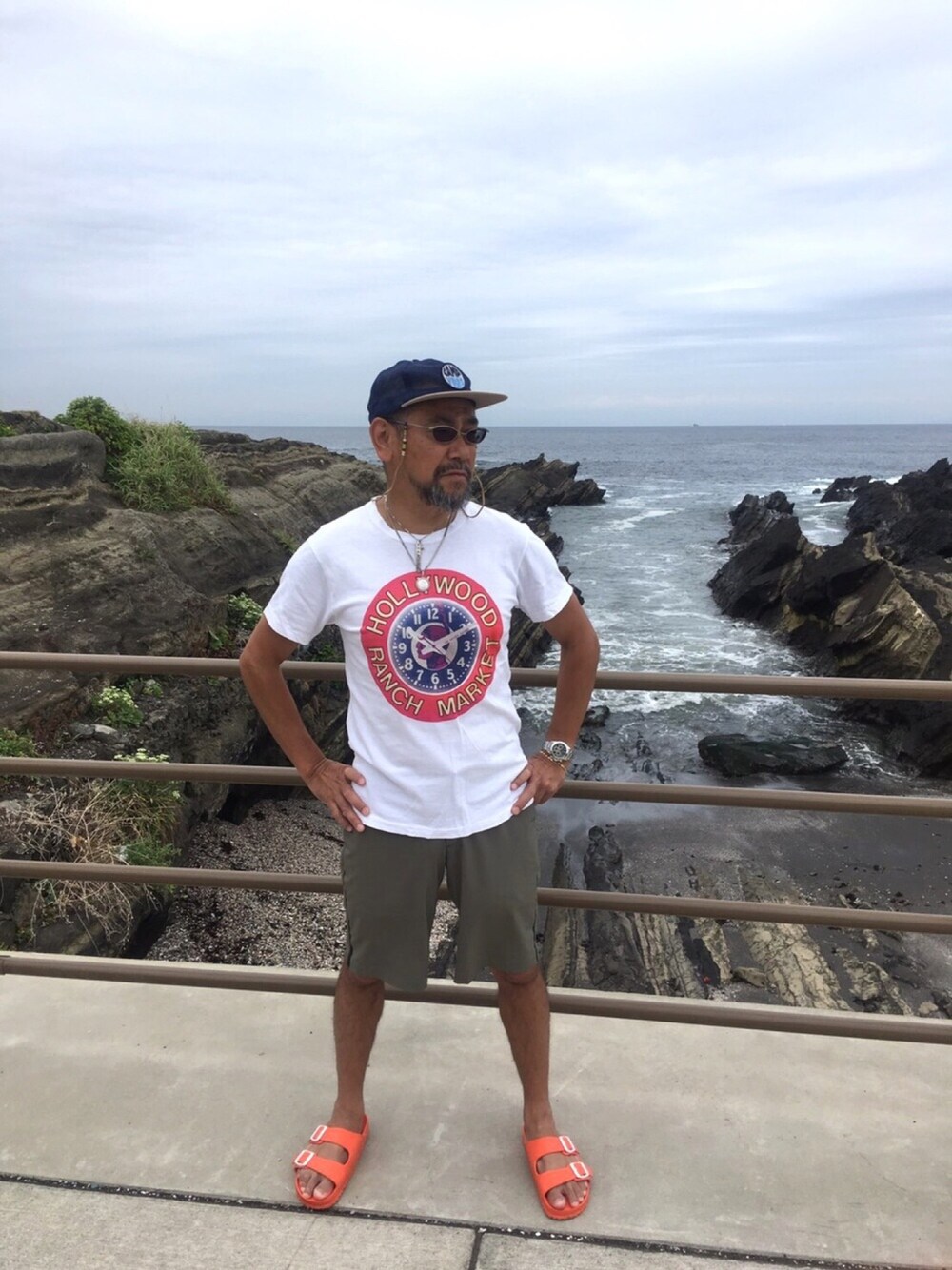 「夏、シンプル、休日スタイル、サングラス、おやじコーデ、短パン、Tシャツ」｜「リバーアップのアイテム（キャップ、ブルー系）」を使った、クリオヤジ山城さん（メンズ・173cm）の夏コーディネートの1枚目の写真