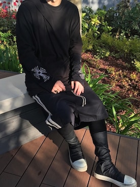 「DRKSHDW by RICK OWENS（ダークシャドウ バイ リックオウエンス）のアイテム（Tシャツ/カットソー）」を使った、🌹さん（メンズ・170cm）の春コーディネート
