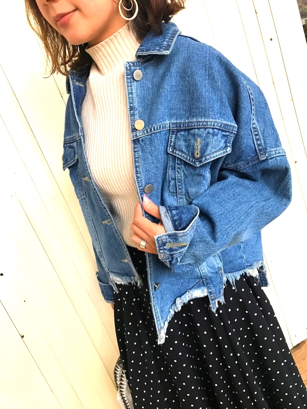 「オトナカジュアル、カジュアル、ootd、低身長、スカート、ハイネック、ドット、ジージャン、Gジャン、デニムジャケット」｜「select CO-Qのアイテム（デニムジャケット、ブルー系）」を使った、とみーさん（レディース・153cm）の冬コーディネートの1枚目の写真