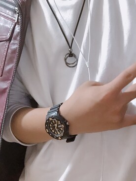 「CASIO（カシオ）のCASIO カシオ/ ANALOGUE ARABIC アナログアラビック ラバーベルト 10気圧防水 腕時計 /// MRWシリーズ（アナログ腕時計）」を使った、.がっちゃんさん（メンズ・168cm）の夏コーディネート