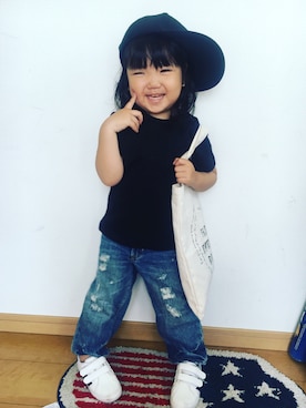 「しまむら（シマムラ）のアイテム（キャップ、ブラック系）」を使った、megumikamiyaさん（キッズ・90cm）の夏コーディネート