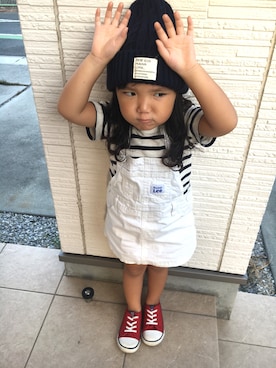 「西松屋（ニシマツヤ）のアイテム（ニットキャップ/ビーニー、ブルー系）」を使った、megumikamiyaさん（キッズ・90cm）の秋コーディネート