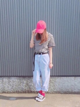 「WEGO（ウィゴー）のWEGO/メッシュソックス（ソックス/靴下、レッド系）」を使った、airi.さん（レディース・160cm）の夏コーディネート