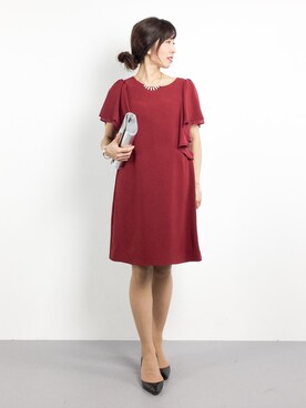 「moca couture（モカクチュール）のギャザー入りボリューム袖フレアオープンショルダー2WAYワンピース（ドレス）」を使った、RINAさん（レディース・160cm）の冬コーディネート