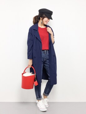 「ネイビー×ホワイト」｜「アイテム（トレンチコート）」を使った、RINAさん（レディース・160cm）の冬コーディネート