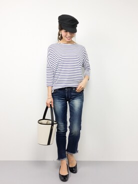 「Ungrid（アングリッド）のインディゴフレイドヘムストスリ（デニムパンツ）」を使った、RINAさん（レディース・160cm）の春コーディネート