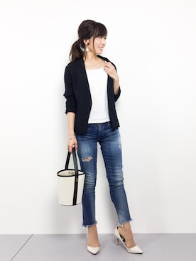 「Ungrid（アングリッド）のフレイドヘムストスリ（デニムパンツ）」を使った、RINAさん（レディース・160cm）の春コーディネート