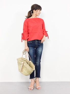 「Ungrid（アングリッド）のインディゴフレイドヘムストスリ（デニムパンツ）」を使った、RINAさん（レディース・160cm）の夏コーディネート