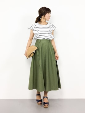 「coca（coca）（コカ）のラッフルスリーブボーダーカットソー（Tシャツ/カットソー）」を使った、RINAさん（レディース・160cm）の夏コーディネート