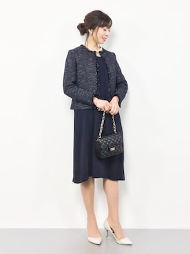 「パーティースタイル」｜「アイテム（ノーカラージャケット）」を使った、RINAさん（レディース・160cm）の冬コーディネート