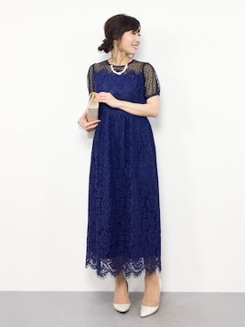 「merlot plus（メルロープリュス）のドットチュール×レース切替ビスチェ風ワンピース7533（ドレス）」を使った、RINAさん（レディース・160cm）の春コーディネート