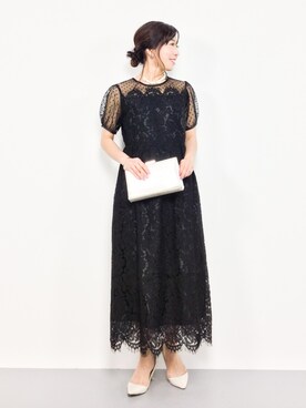 「merlot plus（メルロープリュス）のドットチュール×レース切替ビスチェ風ワンピース7533（ドレス）」を使った、RINAさん（レディース・160cm）の春コーディネート