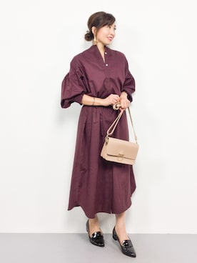 「袖ボリューム」｜「アイテム（シャツワンピース）」を使った、RINAさん（レディース・160cm）の秋コーディネート