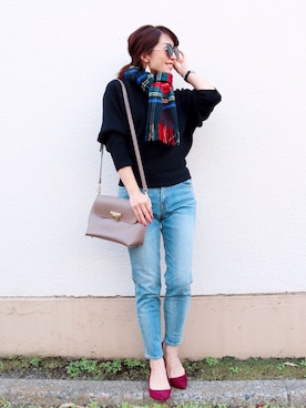 「ZOZO（ゾゾ）のスリムテーパードデニムパンツ［WOMEN］（デニムパンツ）」を使った、RINAさん（レディース・160cm）の冬コーディネート