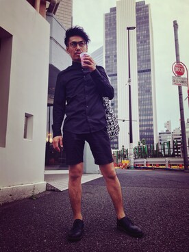 「H&M（エイチ・アンド・エム）のアイテム（シャツ/ブラウス、ブラック系）」を使った、machaさん（メンズ・177cm）の夏コーディネート