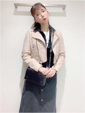 「アイテム（ライダースジャケット、ピンク系）」を使った、Hannaさん（レディース・166cm）の春コーディネート