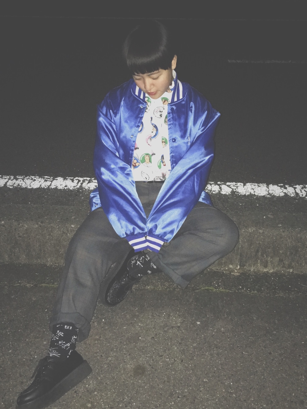 「ブルー、スタジャン、キャプテンサンタ、柄シャツ、制服風、チェックパンツ」｜「サントニブンノイチのアイテム（その他パンツ、グリーン系）」を使った、ぽよさん（レディース・154cm）の春コーディネートの1枚目の写真