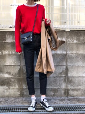 「MOUSSY（マウジー）のMVS SKINNY（デニムパンツ）」を使った、maichinさん（レディース・178cm）の冬コーディネート