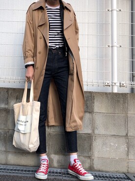 「MOUSSY（マウジー）のMVS SKINNY（デニムパンツ）」を使った、maichinさん（レディース・178cm）の春コーディネート