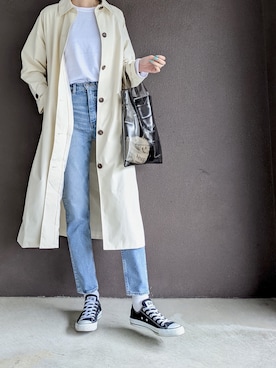 「アイテム（ステンカラーコート、ホワイト系）」を使った、maichinさん（レディース・178cm）の春コーディネート
