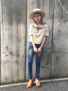 「MARC JACOBS（マークジェイコブス）のアイテム（サンダル）」を使った、瀬戸あゆみさん（レディース・152cm）の夏コーディネート
