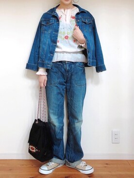「Honeys（ハニーズ）のアイテム（デニムジャケット）」を使った、ゆりあのこあらさん（レディース・158cm）の秋コーディネート