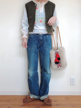 「刺繍」｜「アイテム（モカシン/デッキシューズ）」を使った、ゆりあのこあらさん（レディース・158cm）の秋コーディネート