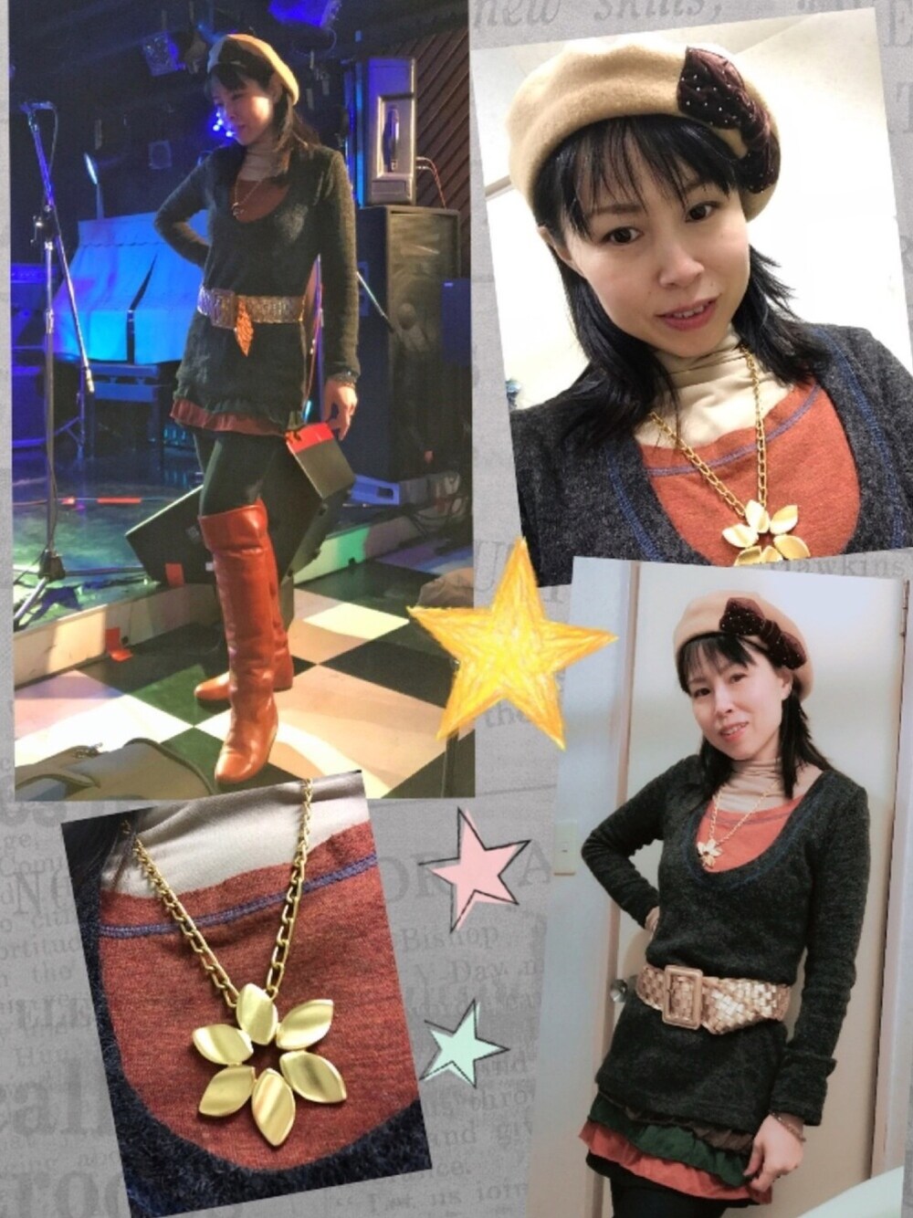 「冬コーデ、ベレー帽コーデ、ニーハイブーツ、太ベルト、ライブハウス、ゴールドアクセ、ミニワンピ、ゴスロリ、オトナ女子、バラ色の帽子」｜「バラ色の帽子のアイテム（ハンチング/ベレー帽、ベージュ系）」を使った、yuririn0410さん（レディース・156cm）の冬コーディネートの1枚目の写真