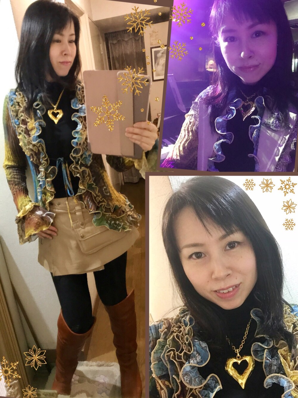 「ライブ、オトナ女子、フリルトップス、ハート、ニーハイブーツ、革スカート、MOSCHINO、オトナガーリー」｜「MOSCHINOのアイテム（ネックレス、ゴールド系）」を使った、yuririn0410さん（レディース・156cm）の冬コーディネートの1枚目の写真