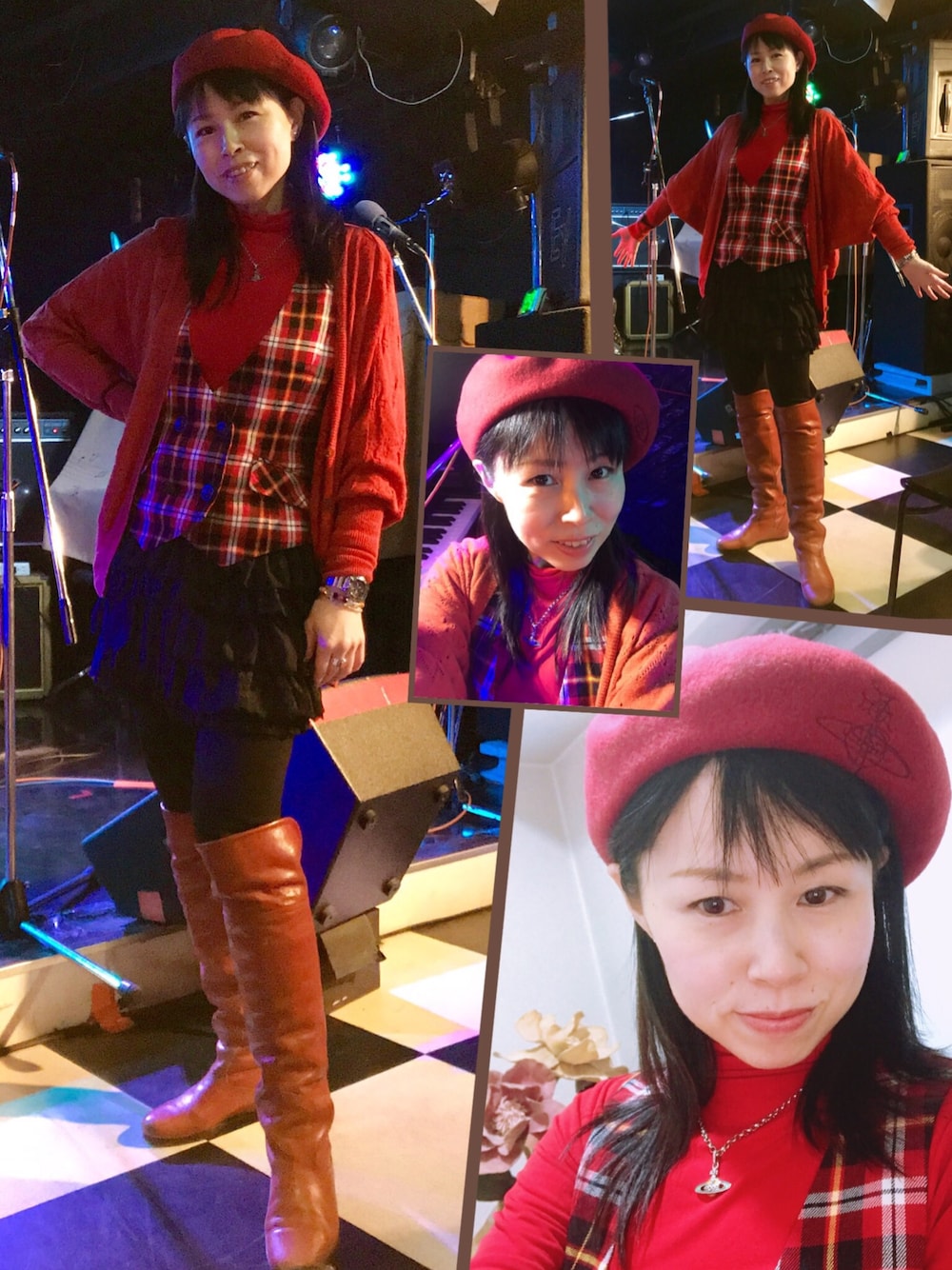 「ライブ、オトナ女子、オトナガーリー、オトナカワイイ、ヴィヴィアンウエストウッド、Vivienne Westwood、ベレー帽、チェック、赤、カーディガン」｜「Vivienne Westwoodのアイテム（ハンチング/ベレー帽、レッド系）」を使った、yuririn0410さん（レディース・156cm）の冬コーディネートの1枚目の写真
