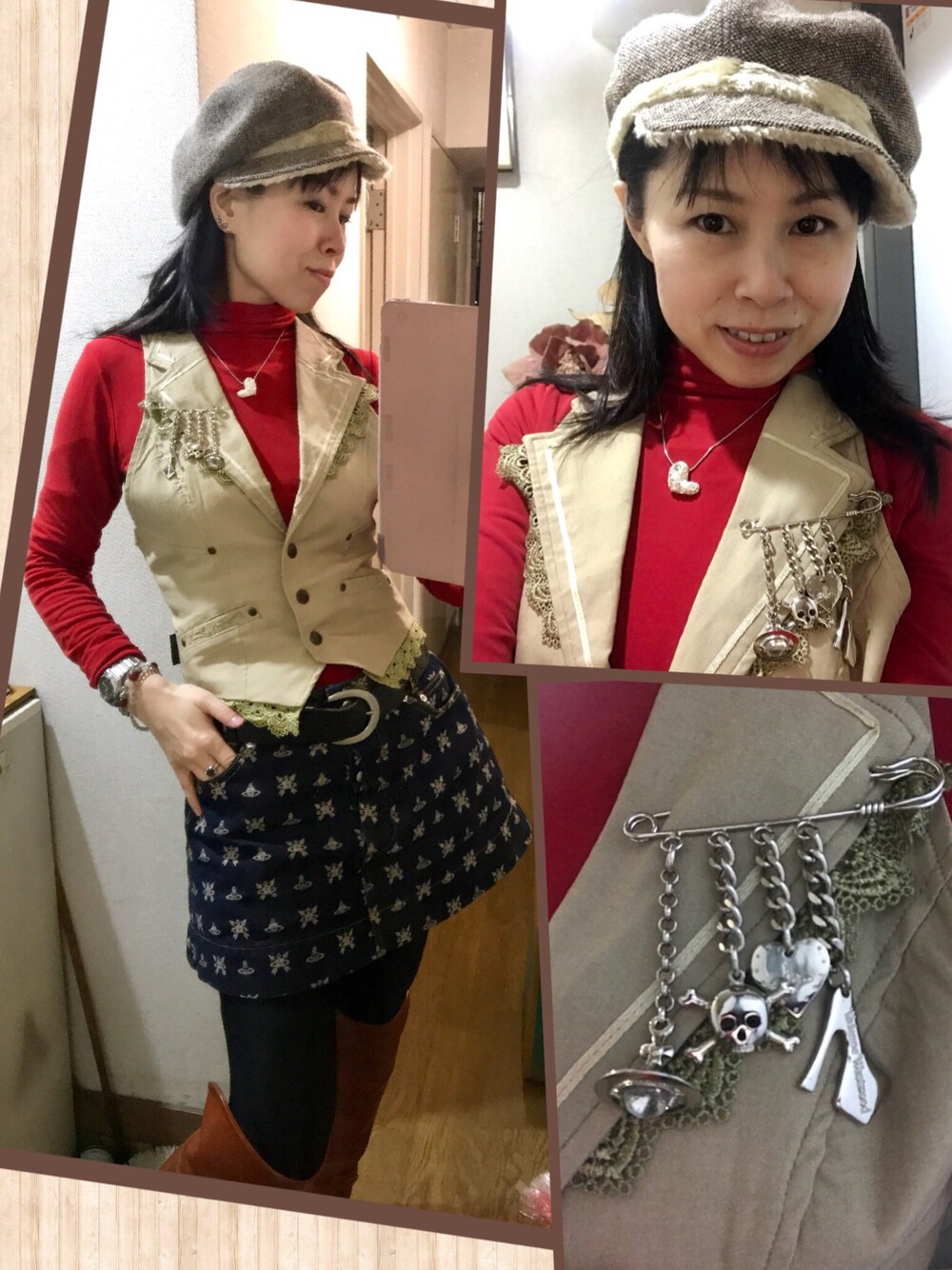 「休日コーデ、オトナ女子、オトナカワイイ、オトナガーリー、ヴィヴィアンウエストウッド、Vivienne Westwood、ベスト、キャスケット、冬コーデ」｜「no brandのアイテム（キャスケット、ブラウン系）」を使った、yuririn0410さん（レディース・156cm）の冬コーディネートの1枚目の写真