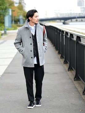 「ダウンベスト」｜「アイテム（ステンカラーコート）」を使った、安本さん（メンズ・170cm）の秋コーディネート
