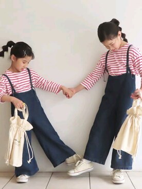 「ボーダー×デニム」｜「アイテム（サロペット/オーバーオール）」を使った、Mさん（キッズ・120cm）の春コーディネート