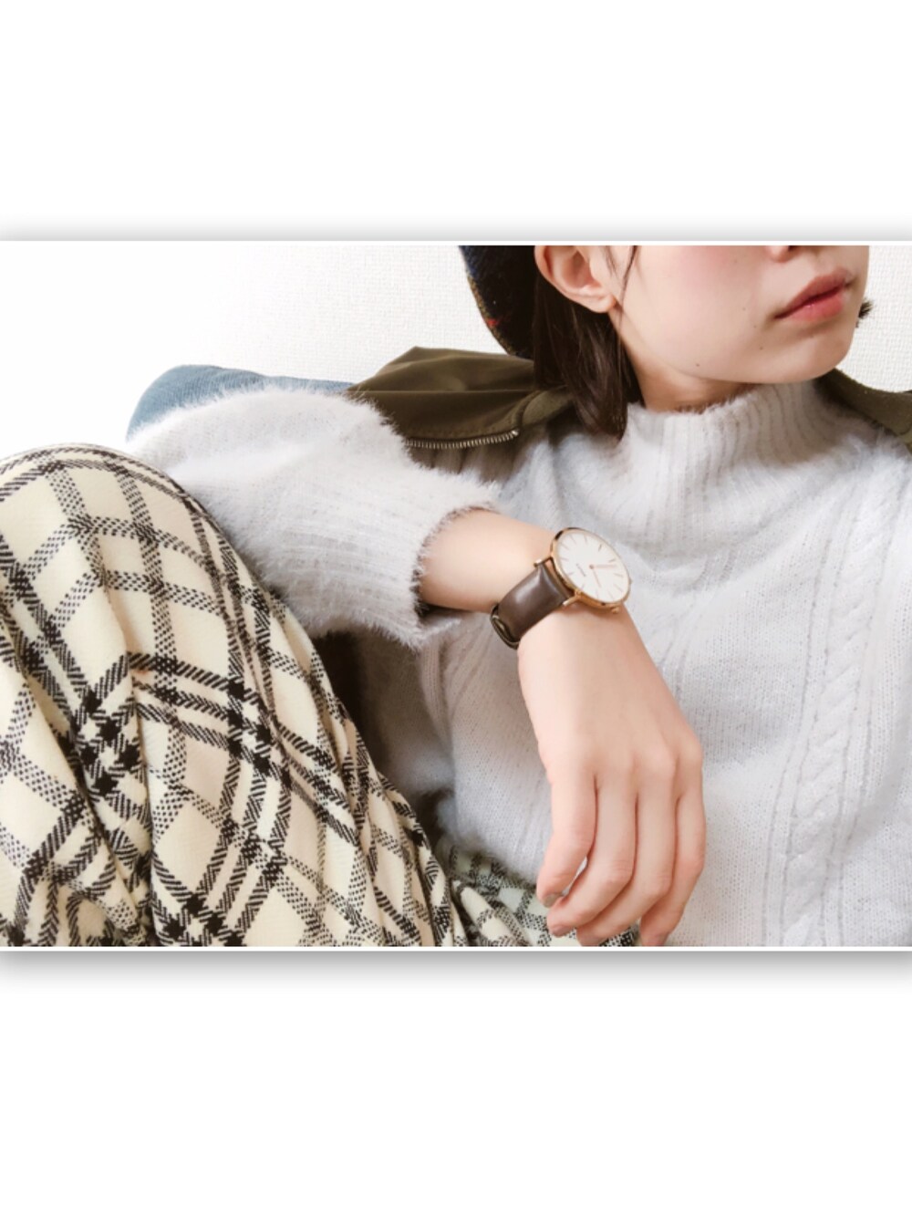「冬コーデ、古着、古着MIX、大人カジュアル、ニット、チェックパンツ、チェック、おしゃれさんと繋がりたい、ootd、休日スタイル」｜「HARRIS TWEEDのアイテム（ハンチング/ベレー帽、ブルー系）」を使った、ちかさん（レディース・163cm）の冬コーディネートの1枚目の写真