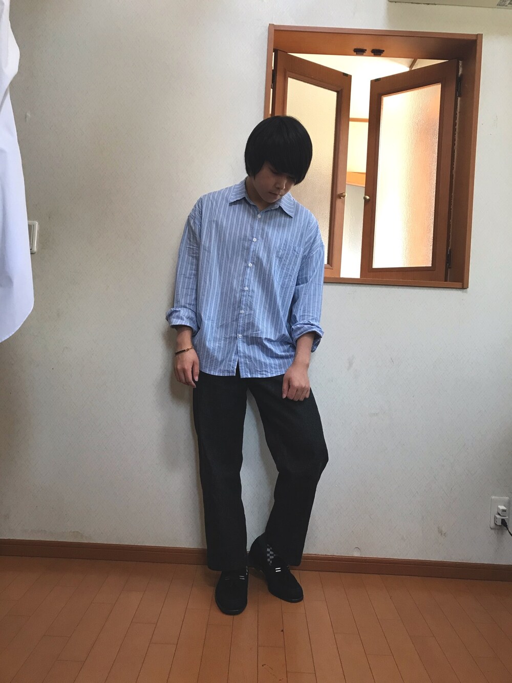 「シンプルコーデ、夏コーデ、おしゃれさんと繋がりたい、オトナカジュアル、春夏コーデ、リラックススタイル、きれいめカジュアル、低身長、オーバーサイズ、order」｜「BEEPのアイテム（シャツ/ブラウス、ブルー系）」を使った、ガッシー《低身長》さん（メンズ・164cm）の春コーディネートの1枚目の写真