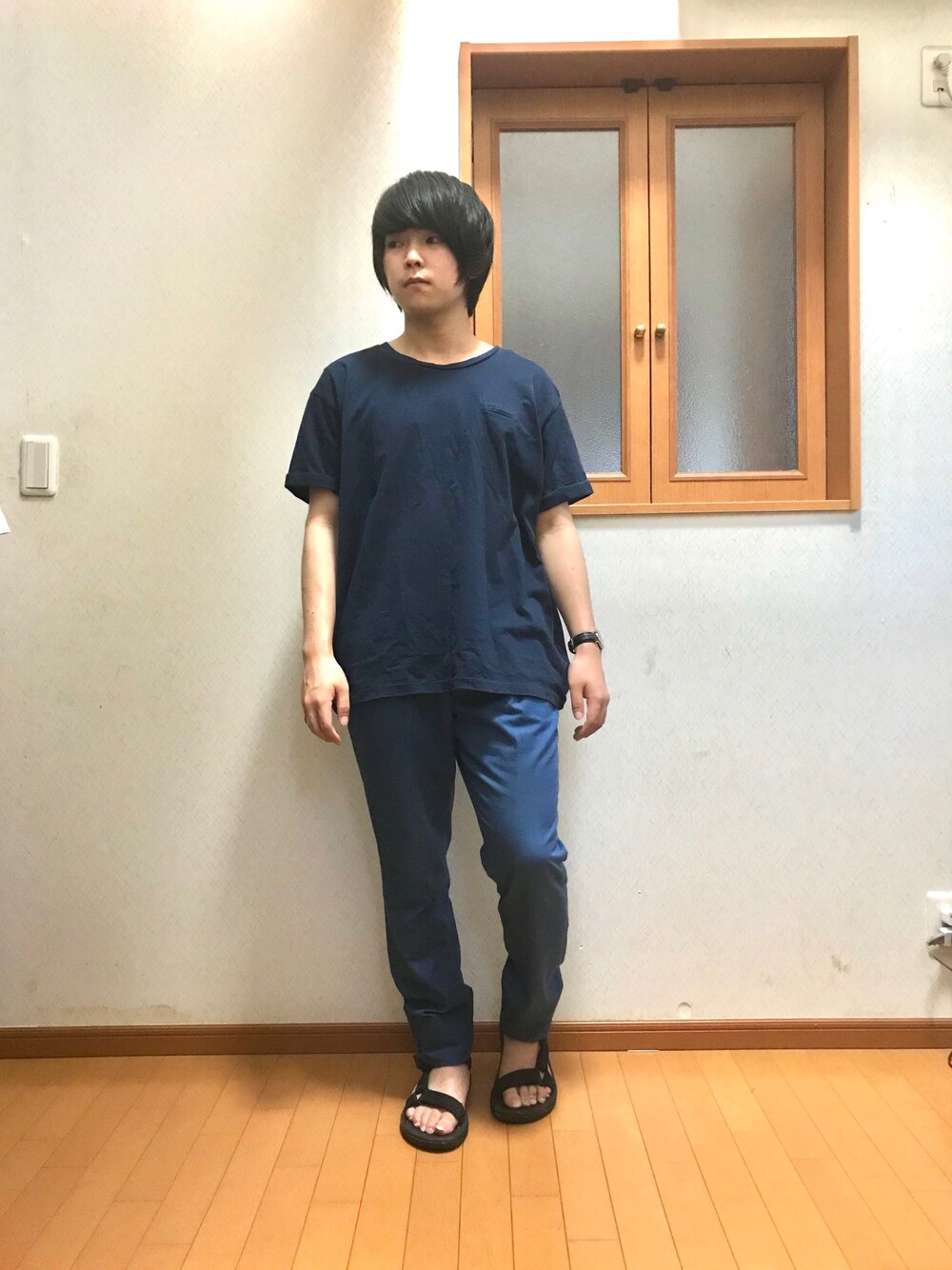 「スポーツサンダル、春夏コーデ、おしゃれさんと繋がりたい、オーバーサイズ、ネイビー、低身長、シンプル、カジュアル、バルーン、カジュアルコーデ」｜「Dulcamaraの2016春夏 パフベア  バルーンT　UNISEX（Tシャツ/カットソー、ブルー系）」を使った、ガッシー《低身長》さん（メンズ・165cm）の夏コーディネートの1枚目の写真