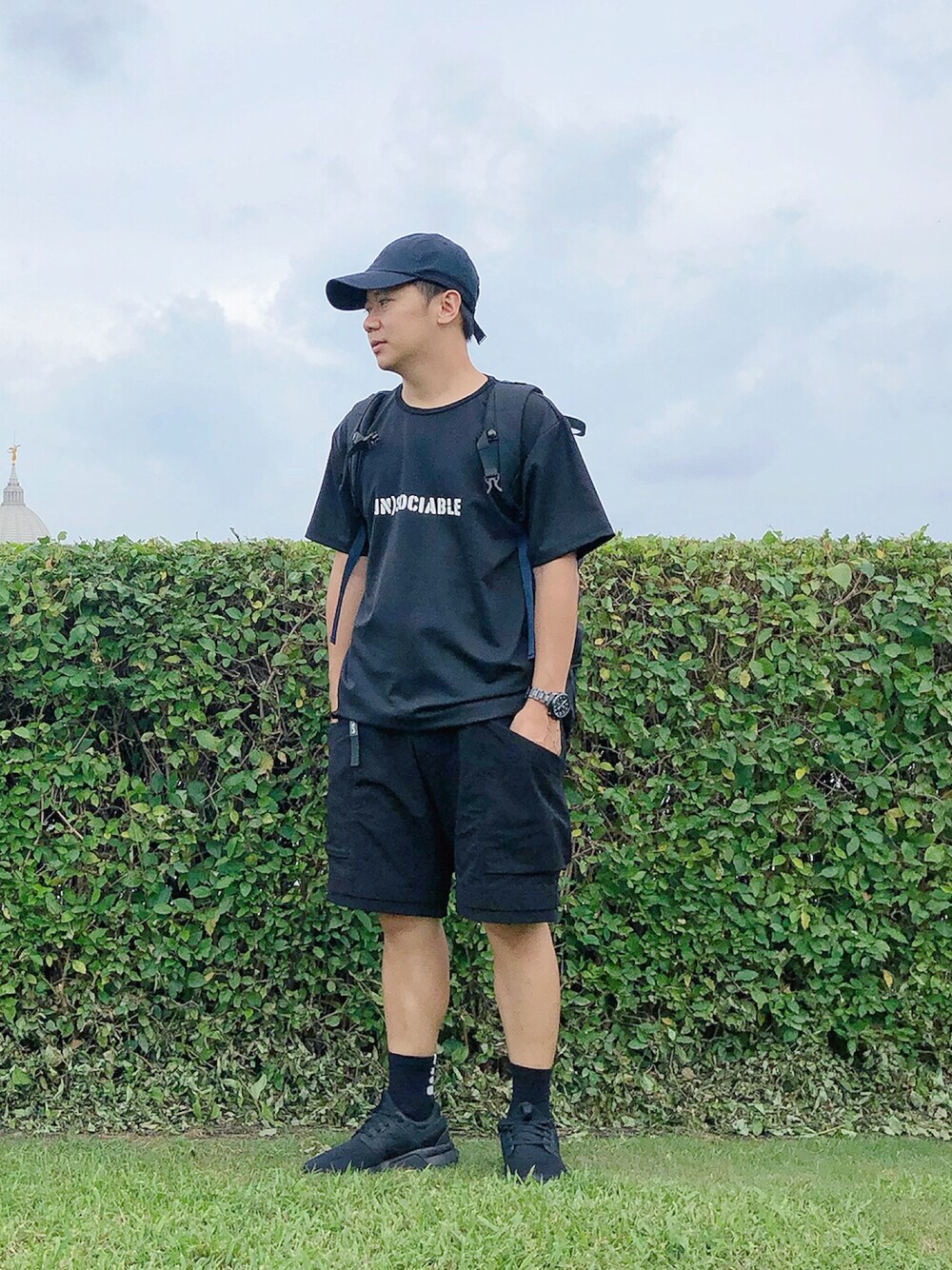 「summer、ACG、NIKEACG、NIKE、black、ALL BLACK、ootd、outfit、New Balance、men」｜「goopiのアイテム（Tシャツ/カットソー、ブラック系）」を使った、zivyehさん（メンズ・165cm）の秋コーディネートの1枚目の写真