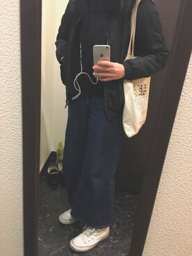 「GU（ジーユー）のアイテム（マフラー、ブラック系）」を使った、mauさん（レディース・154cm）の冬コーディネート