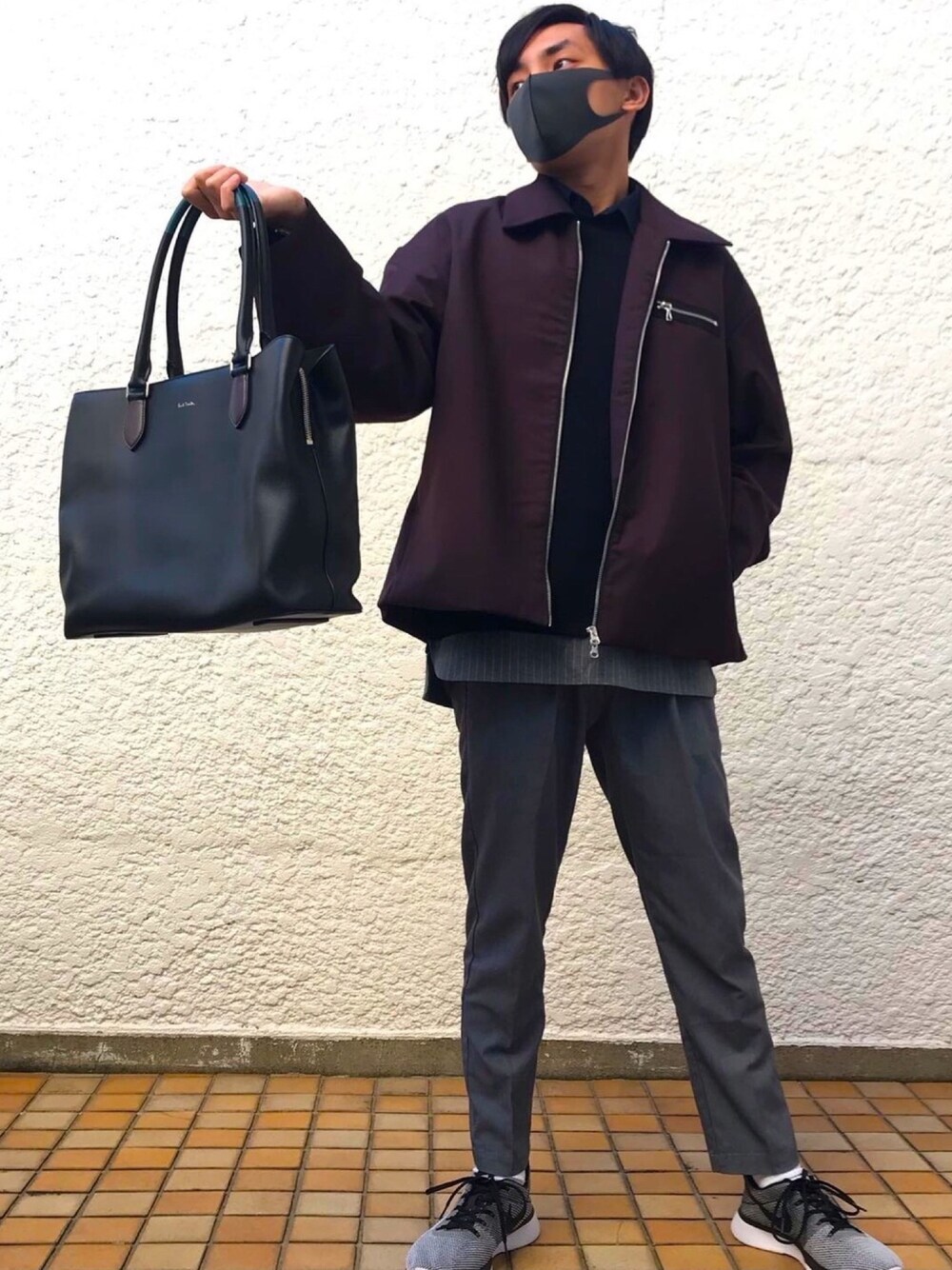「モードカジュアル、モード、カジュアル、Paul Smith、ポールスミス、DOOPZ、NIKE、トートバッグ、ドリズラージャケット、秋冬コーデ」｜「DOOPZのアイテム（その他アウター、パープル系）」を使った、+C Dream fragranceさん（メンズ・165cm）の冬コーディネートの1枚目の写真