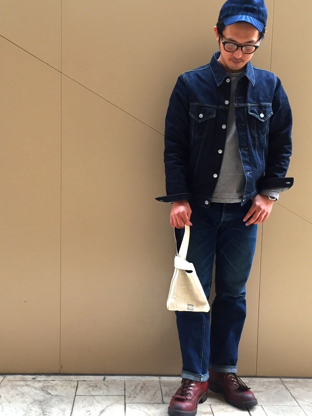 「Denime、denim、イベント、春コーデ、デニムコーデ、インディゴ、ノベルティ、ジージャン、ジーンズ、XX」｜「DenimeのFirstDenime【3rd type Denim JKT/サードタイプ】（デニムジャケット、ブルー系）」を使った、Denime MOP滋賀竜王店さん（メンズ・178cm）の春コーディネートの1枚目の写真